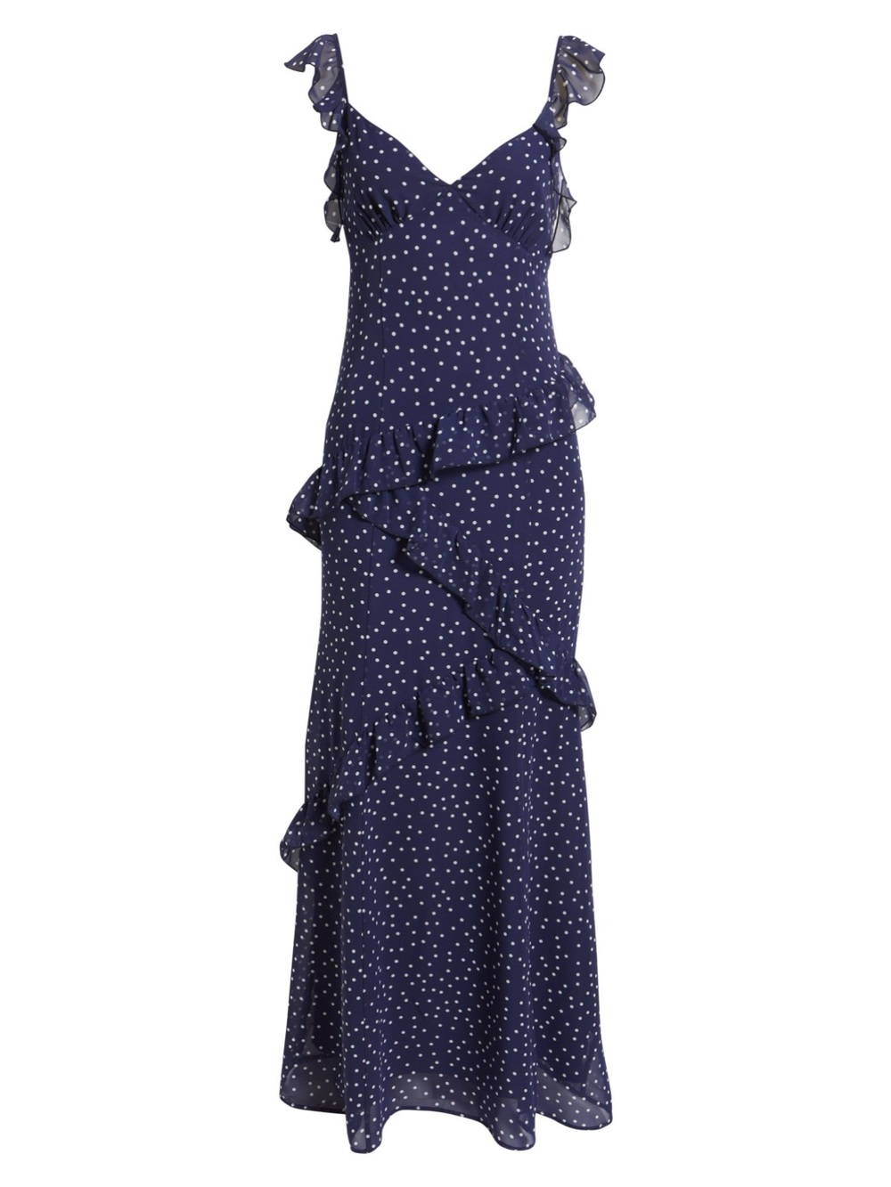BP Navy Polka Dot Asymmetric Ruffle Tiered Maxi Dress | Size M - Picture 6 of 17
